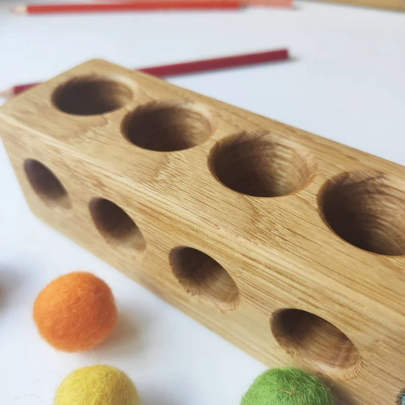 Wooden pencil holder with 7 holes for felt balls, desk organizer