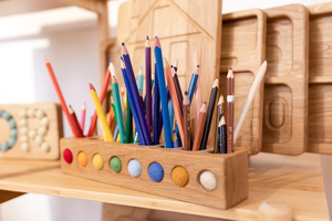 Wooden pencil holder with holes for felt balls, desk organizer