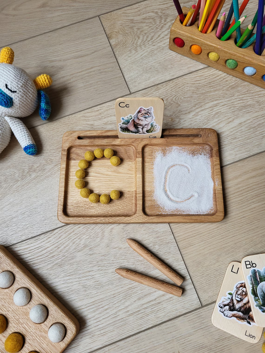 Montessori wooden learning tray with 2 parts, card holder, sand writing tray