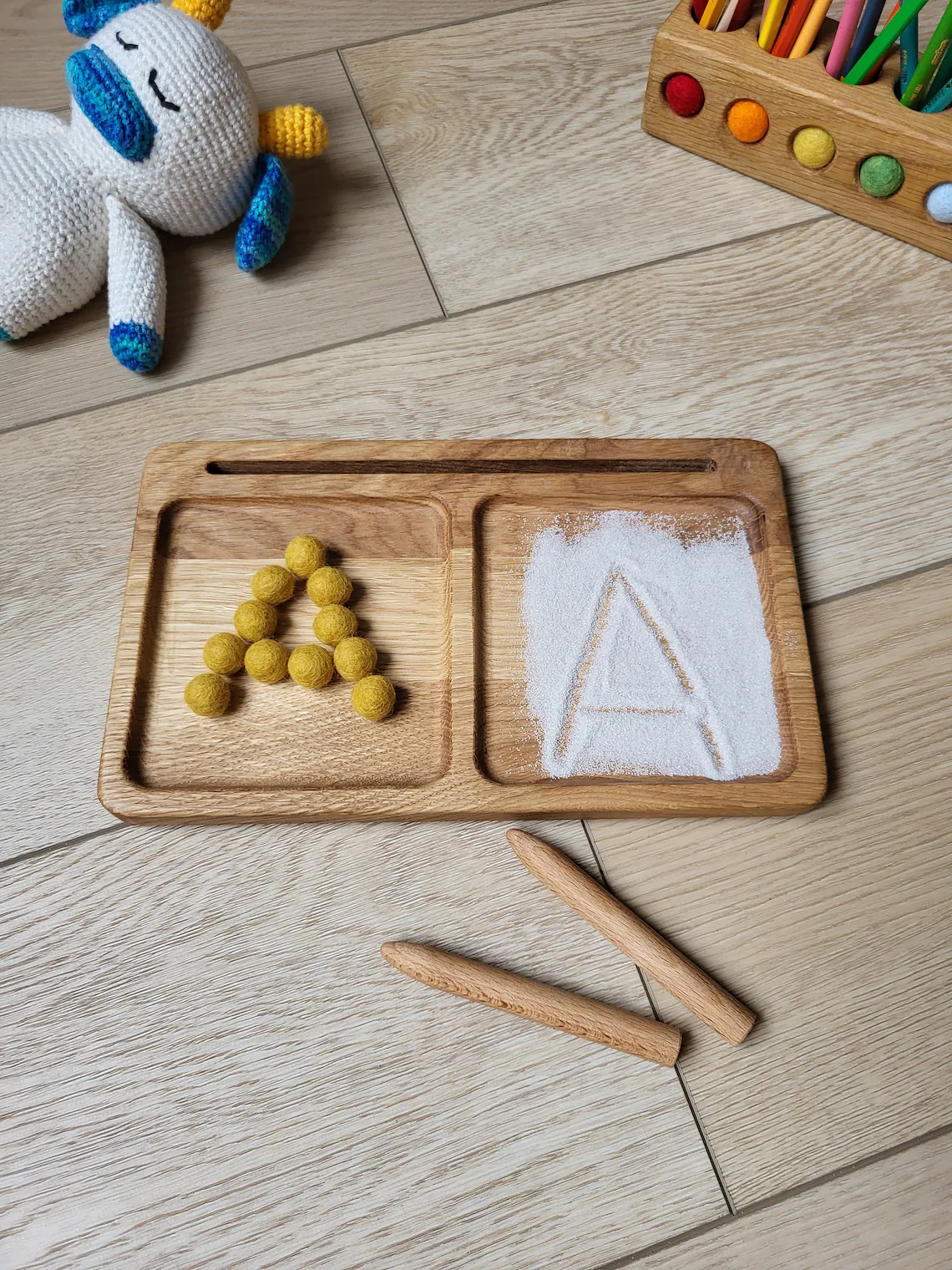Montessori wooden learning tray with 2 parts, card holder, sand writing tray