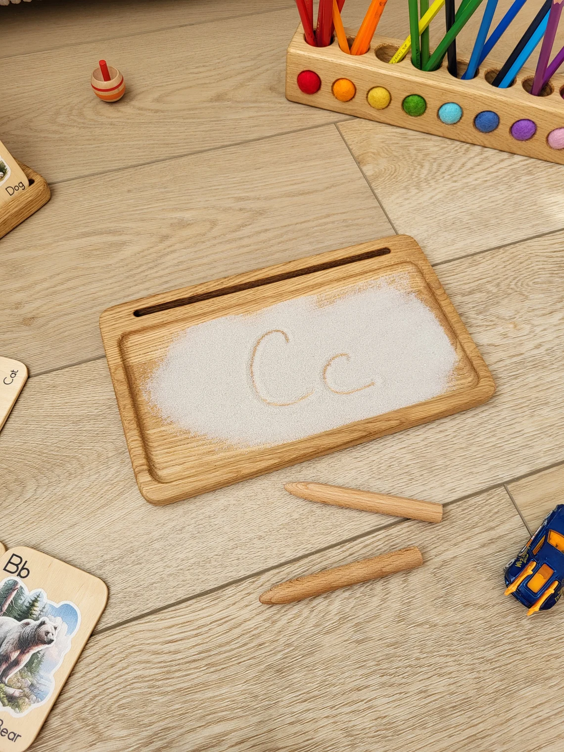 Montessori learning sand tray, wood sensory tray, card holder