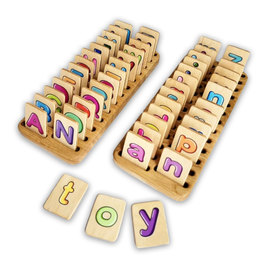 English colored wooden letters cards with holder