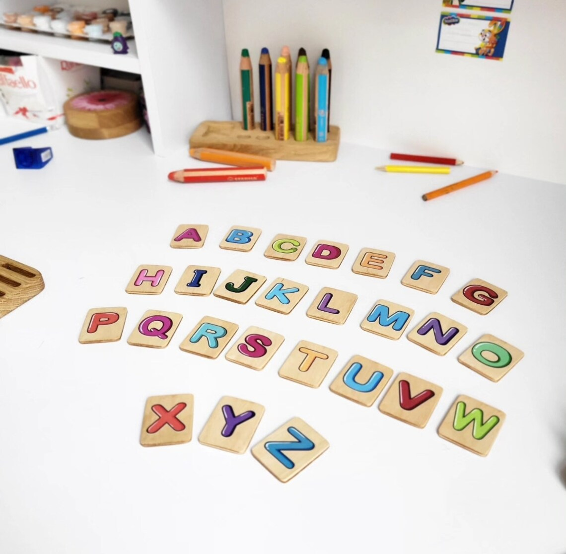 English colored wooden letters cards with holder