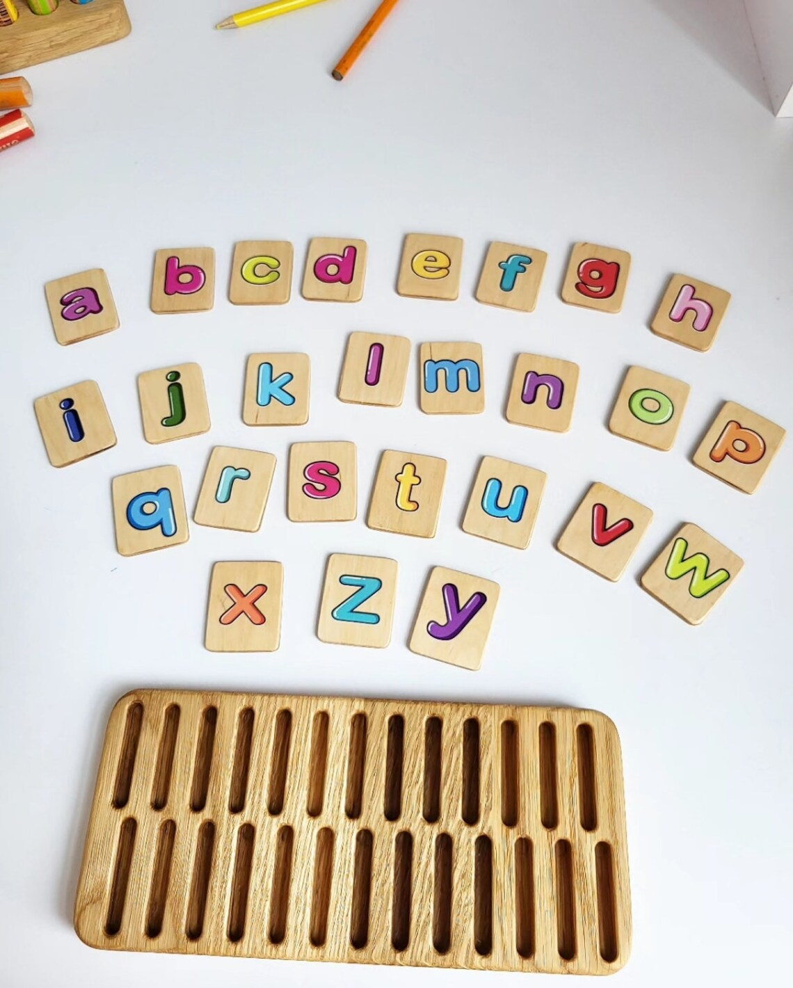 English colored wooden letters cards with holder