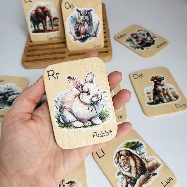 Montessori wooden alphabet flash cards with animals pictures, learning letters