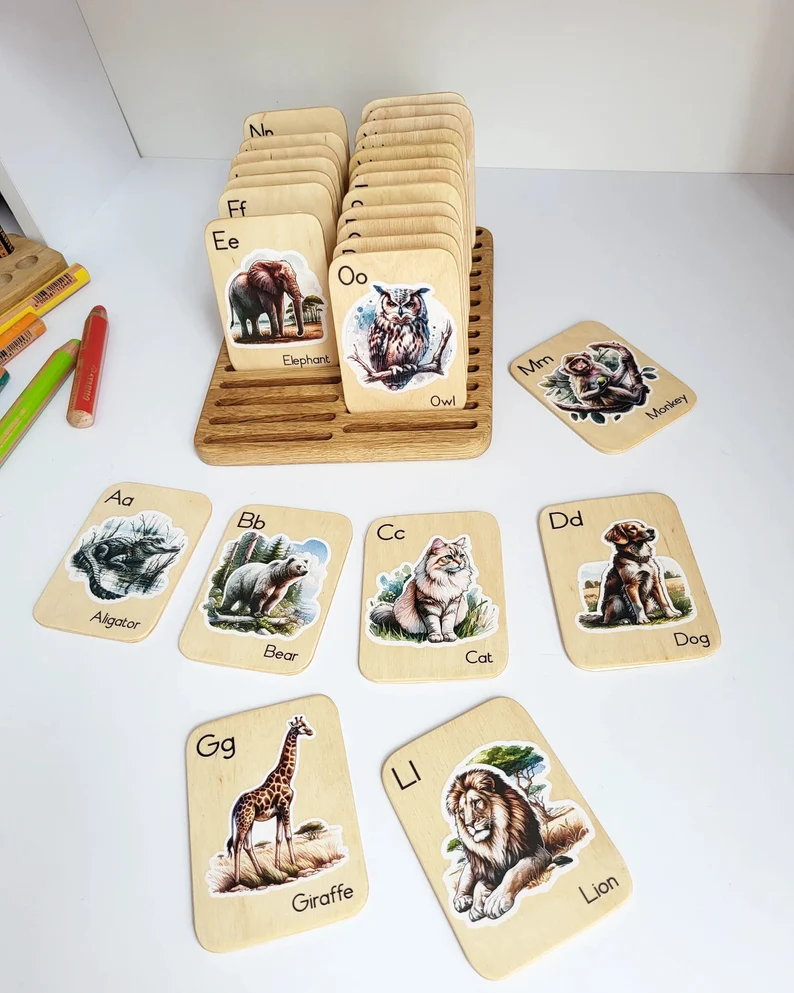 Montessori wooden alphabet flash cards with animals pictures, learning letters