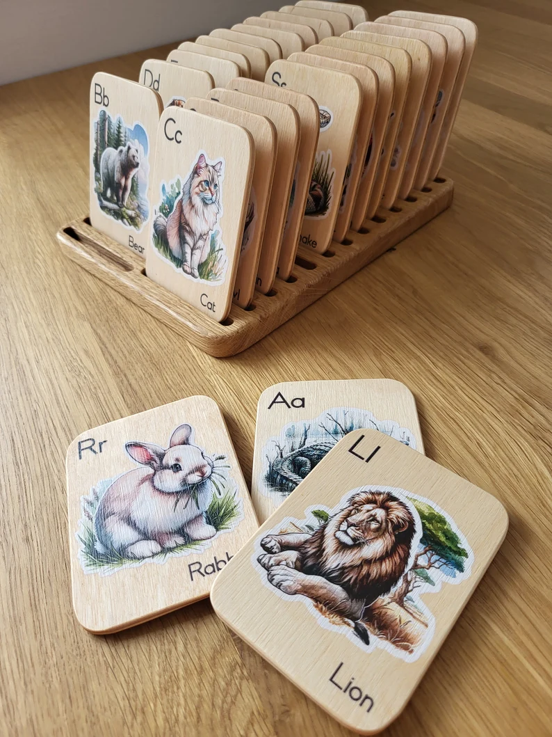 Montessori wooden alphabet flash cards with animals pictures, learning letters