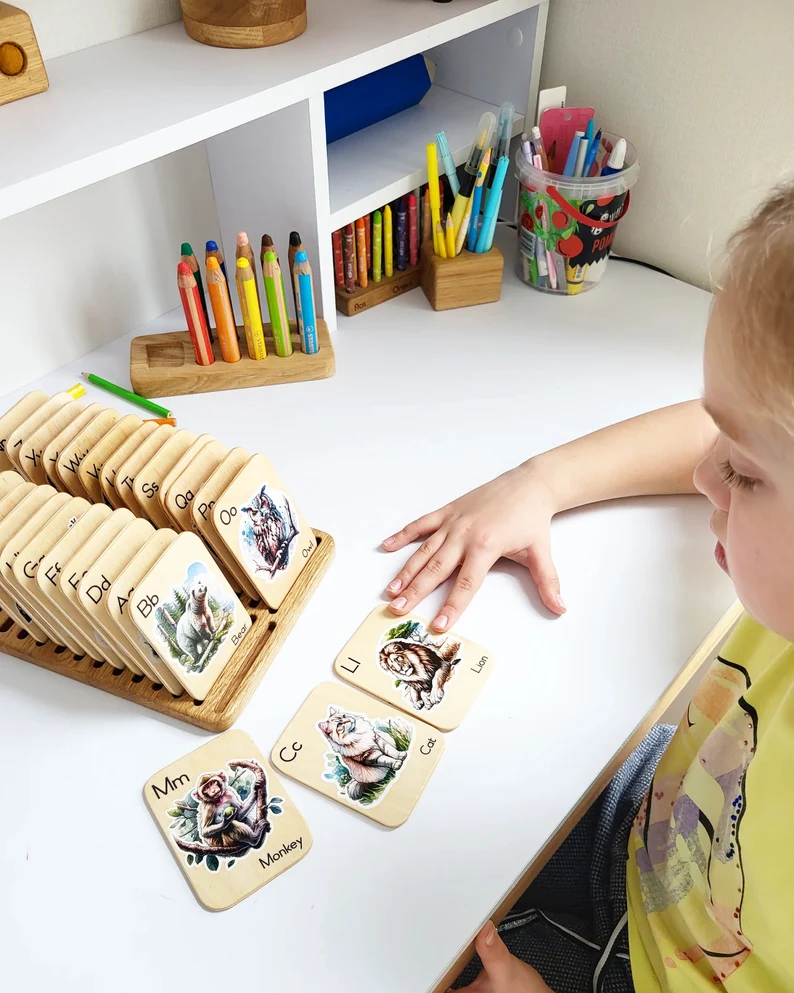 Montessori wooden alphabet flash cards with animals pictures, learning letters