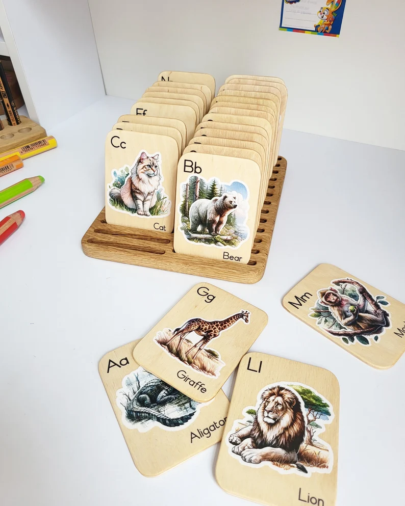 Montessori wooden alphabet flash cards with animals pictures, learning letters