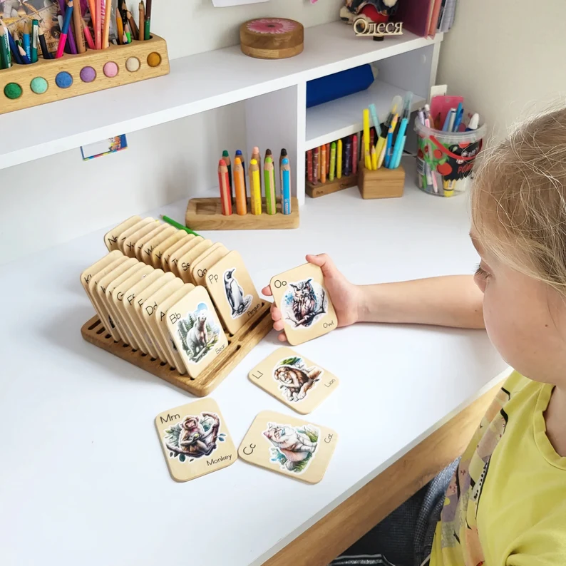 Montessori wooden alphabet flash cards with animals pictures, learning letters