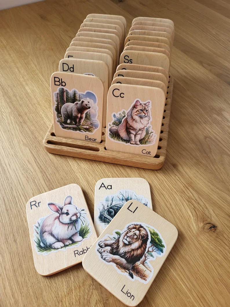 Montessori wooden alphabet flash cards with animals pictures, learning letters