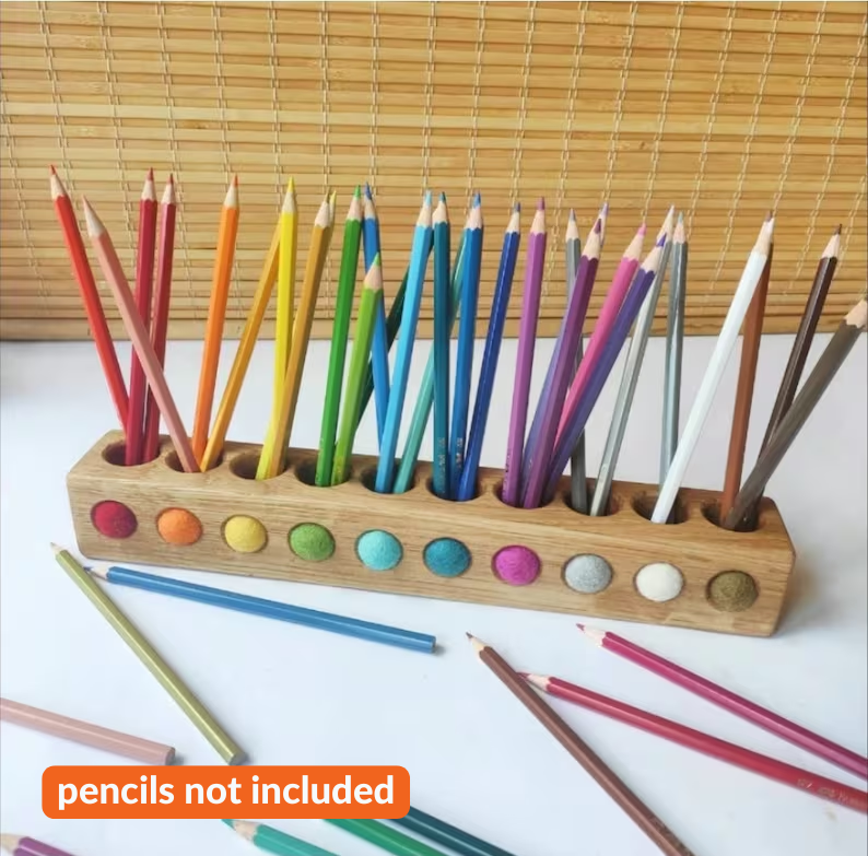 Wooden PENCIL HOLDER with 10 holes and felt balls