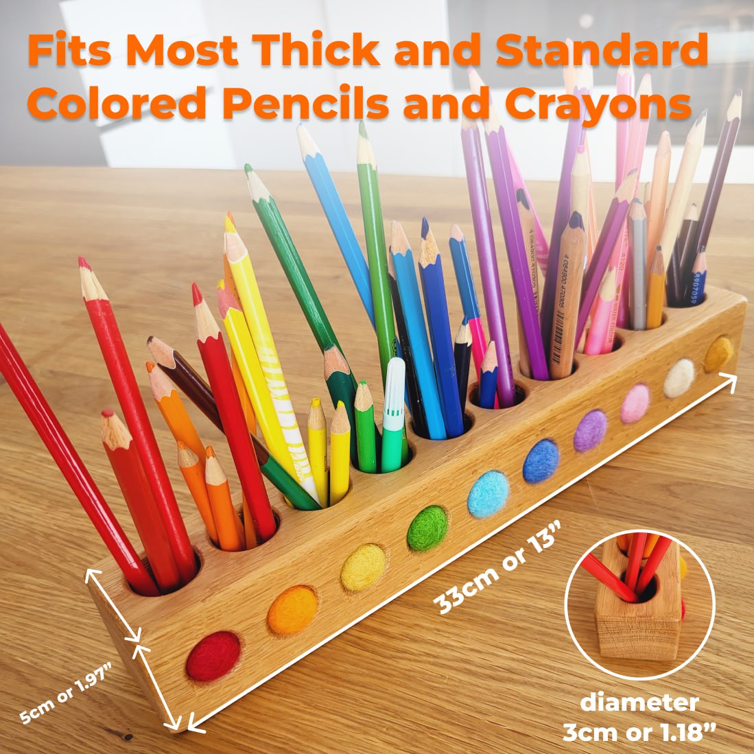 Wooden PENCIL HOLDER with 10 holes and felt balls