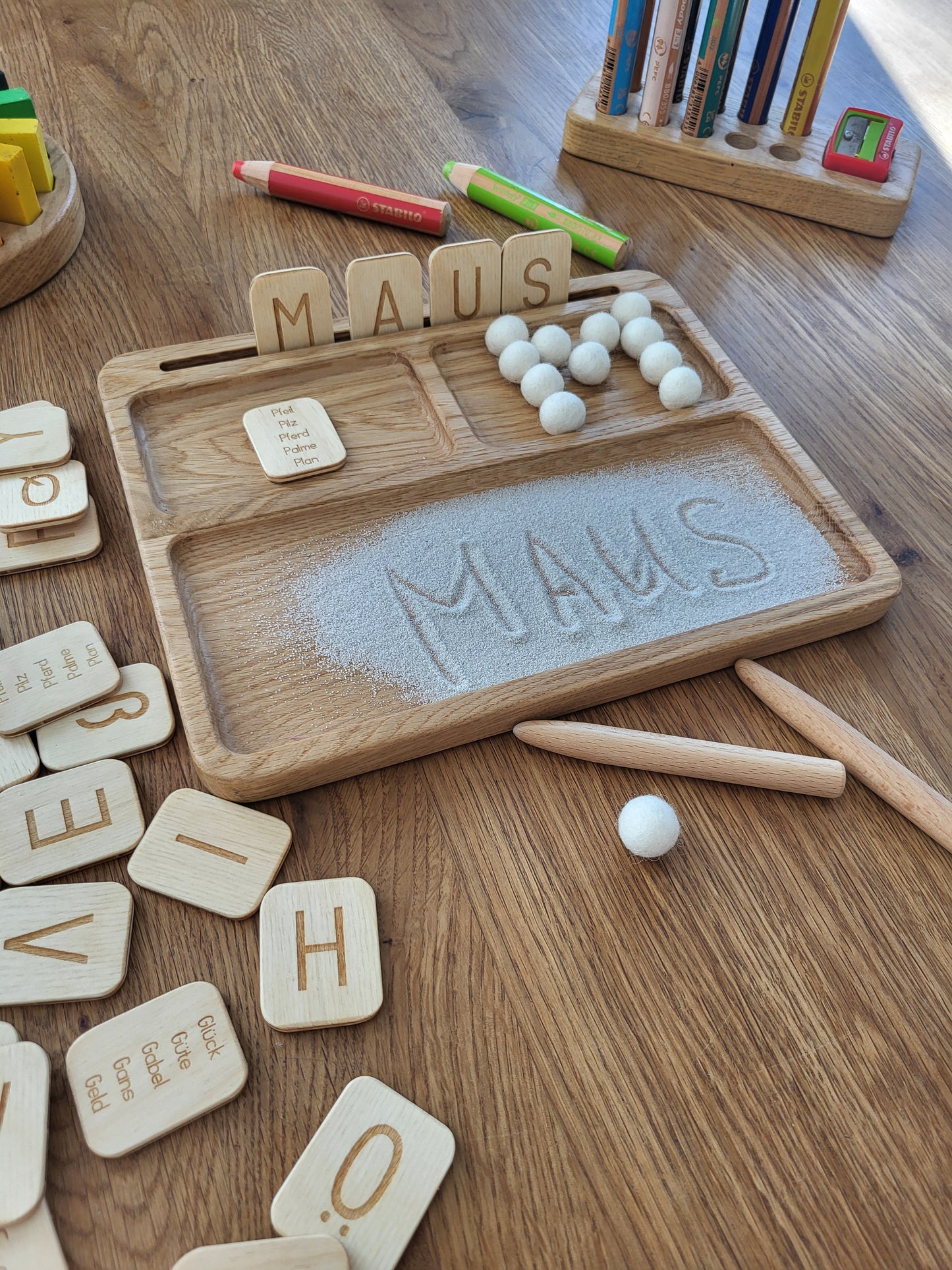 Read, write, create sand tray with German letters cards
