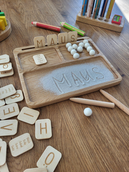 Read, write, create sand tray with German letters cards