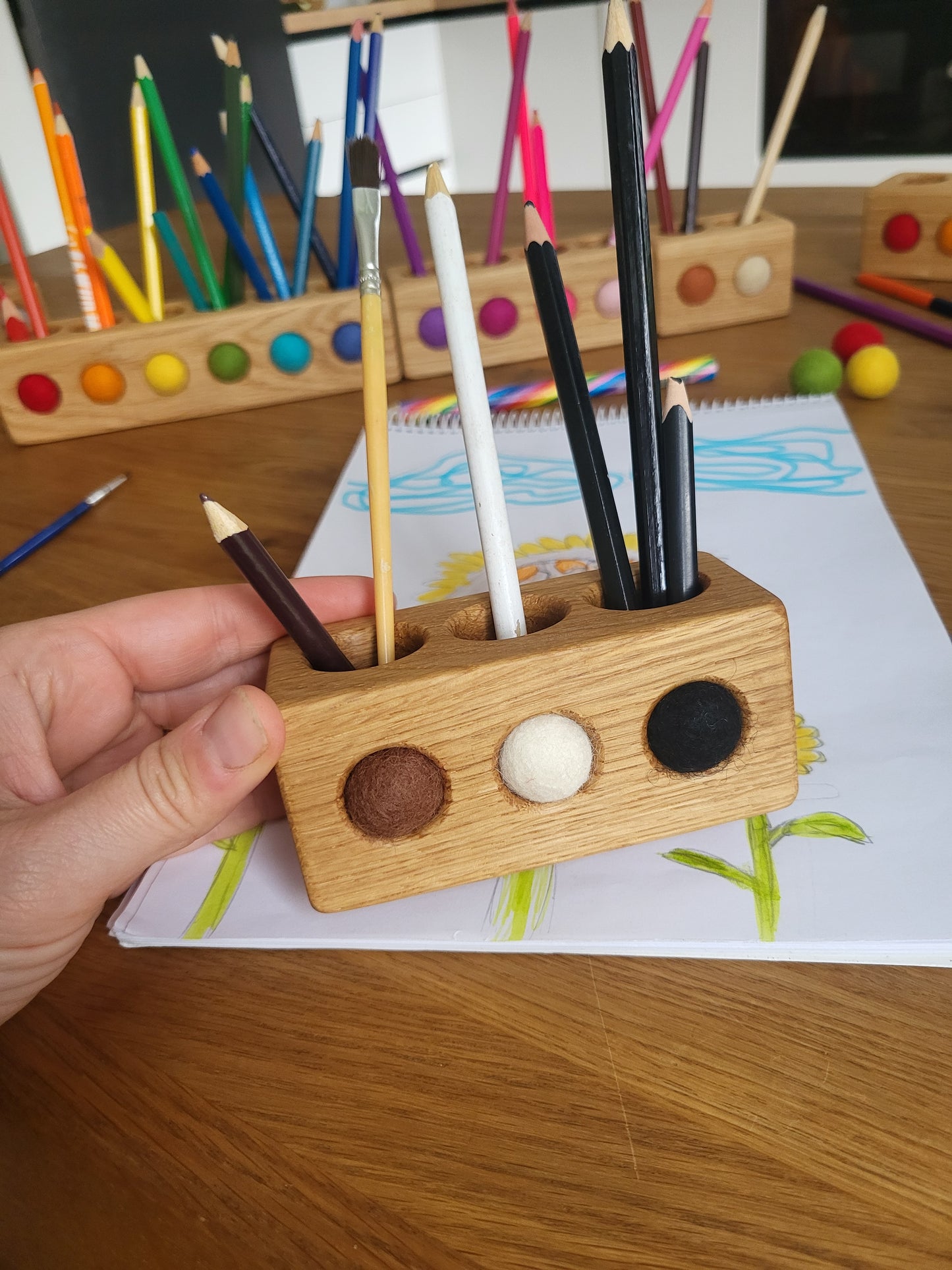 Wooden pencil holder with holes for felt balls PENCILS NOT INCLUDED