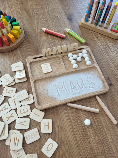 Read, write, create sand tray with German letters cards