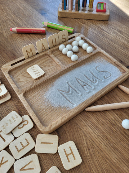 Read, write, create sand tray with German letters cards