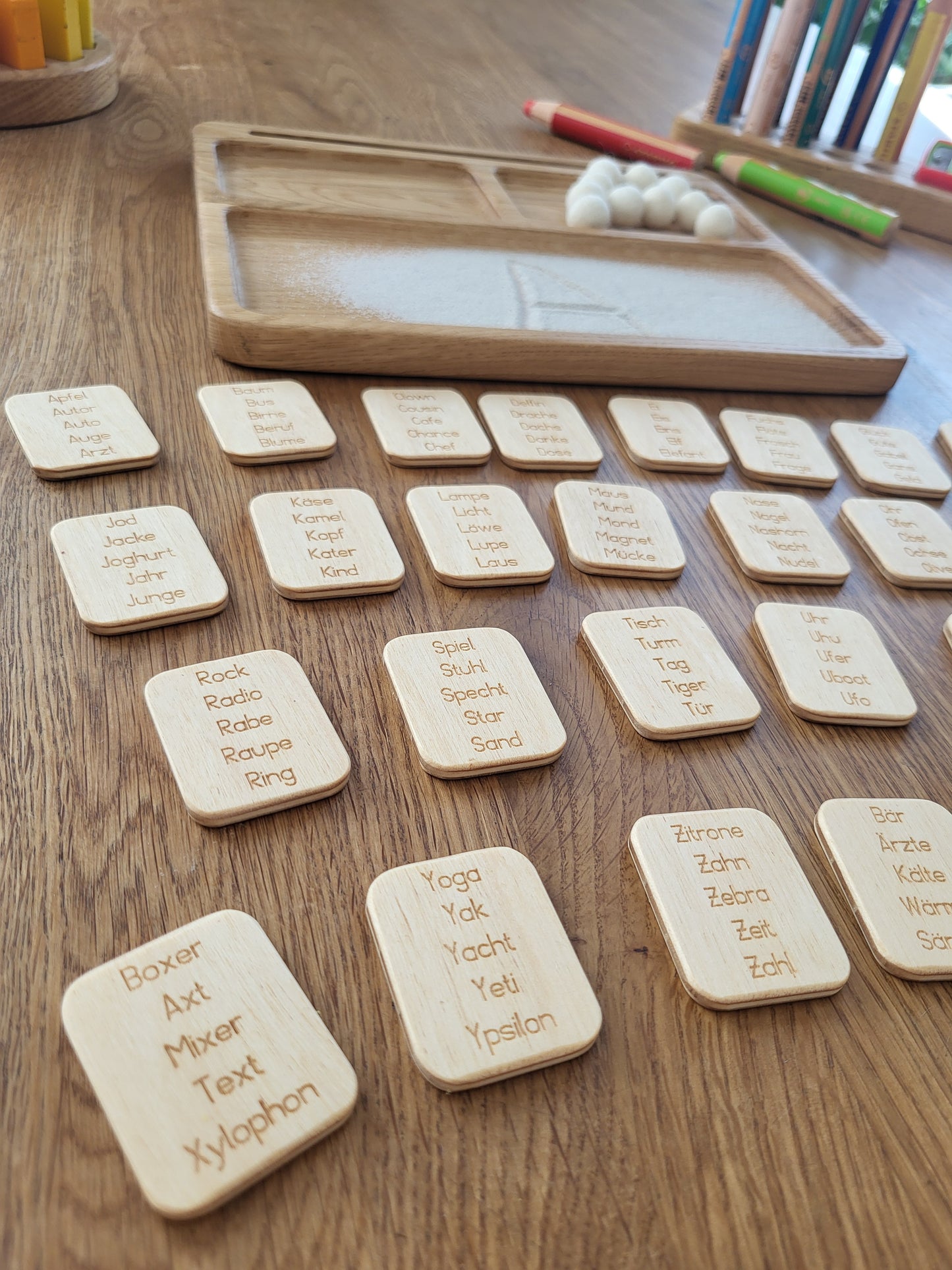 Read, write, create sand tray with German letters cards