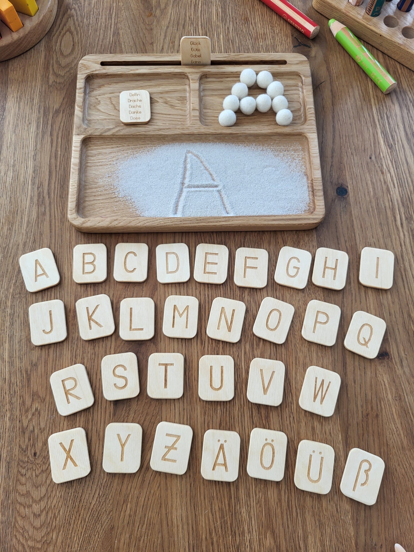 Read, write, create sand tray with German letters cards