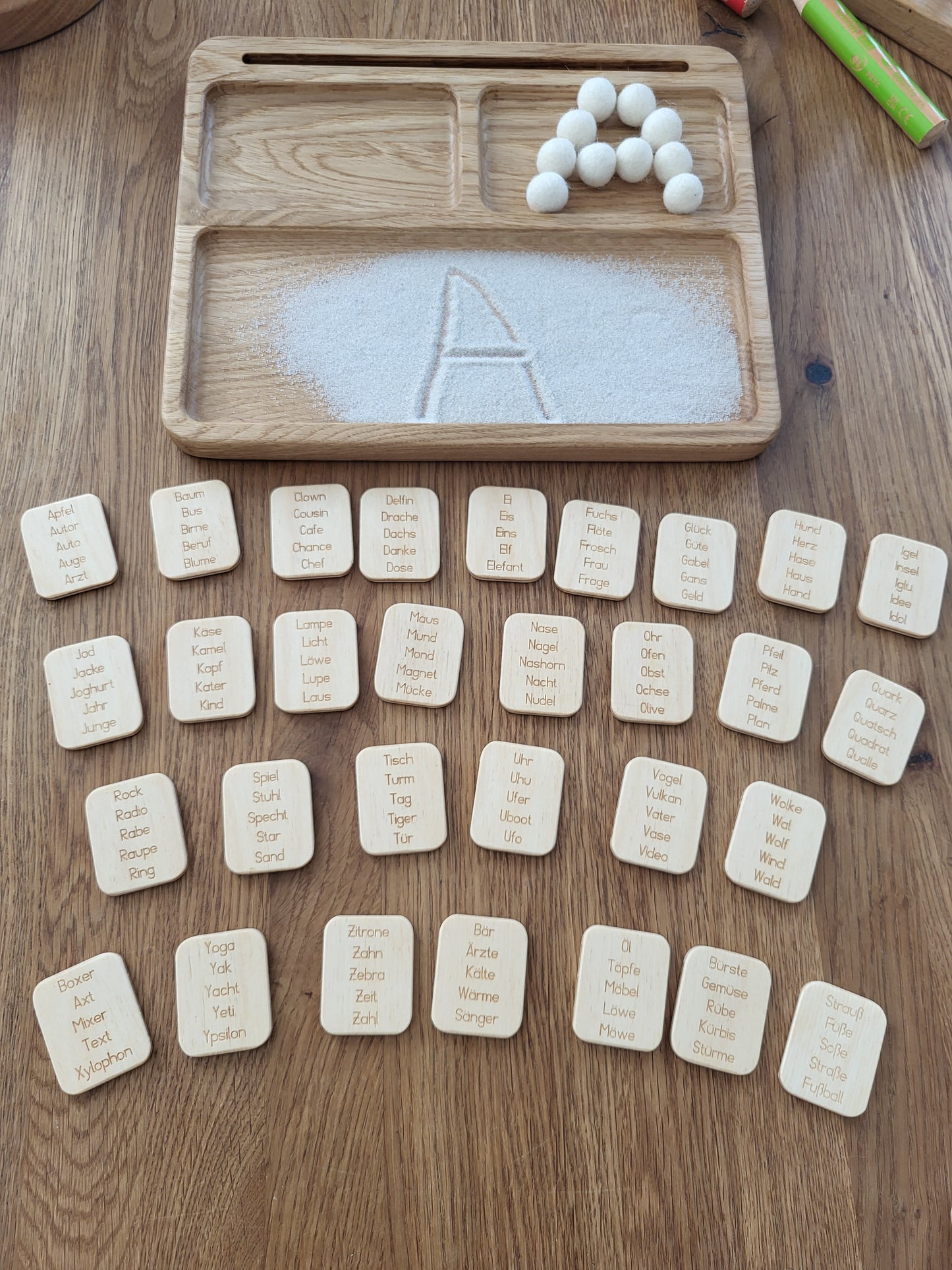 Read, write, create sand tray with German letters cards