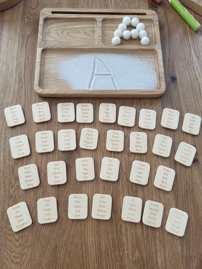Read, write, create sand tray with German letters cards