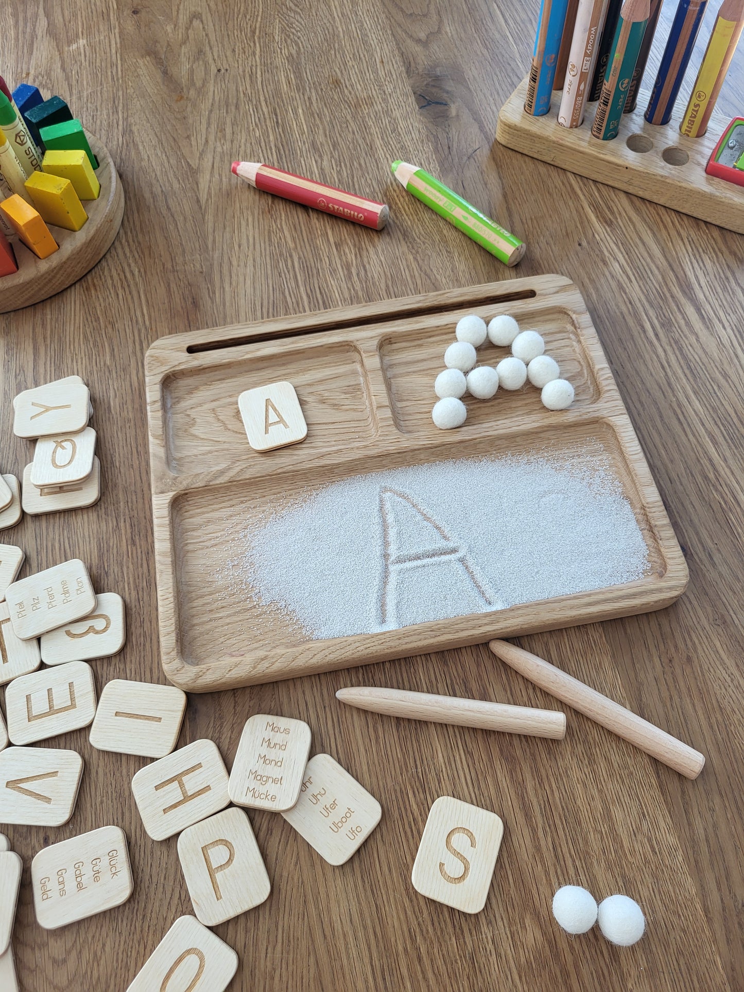 Read, write, create sand tray with German letters cards