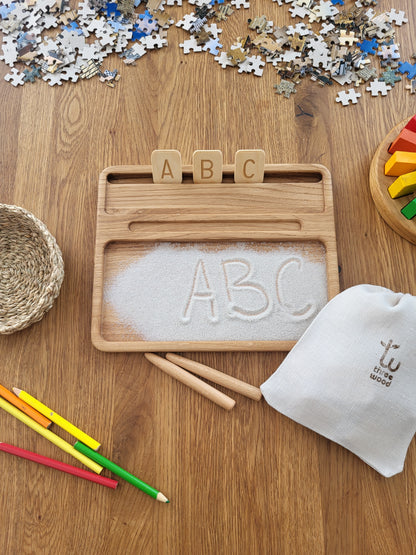 Sand tray with German letters cards