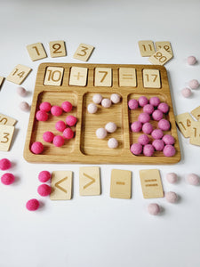 Math board 1-20 with trays and pink felt balls, educational materials, Montessori