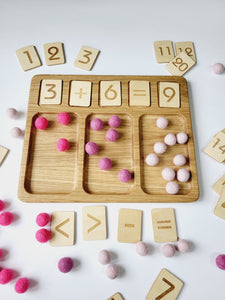 Math board 1-20 with trays and pink felt balls, educational materials, Montessori