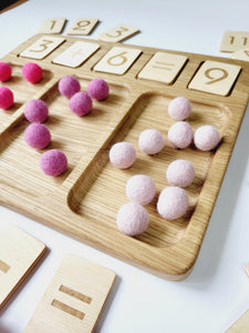 Math board 1-20 with trays and pink felt balls, educational materials, Montessori