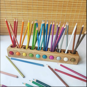 Wooden pencil holder with holes for felt balls, desk organizer