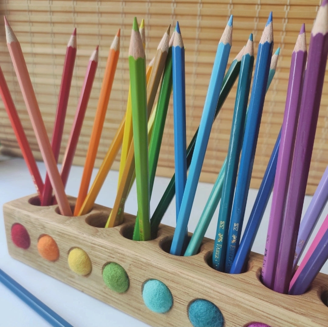 Wooden pencil holder with 10 holes for felt balls, desk organizer