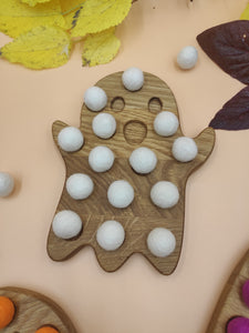 Halloween wooden pumpkin, ghost, witch hat, Frankenstein with felt balls, toys for fine motor skills development
