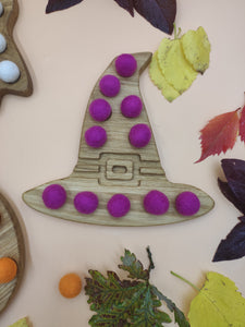 Halloween wooden pumpkin, ghost, witch hat, Frankenstein with felt balls, toys for fine motor skills development