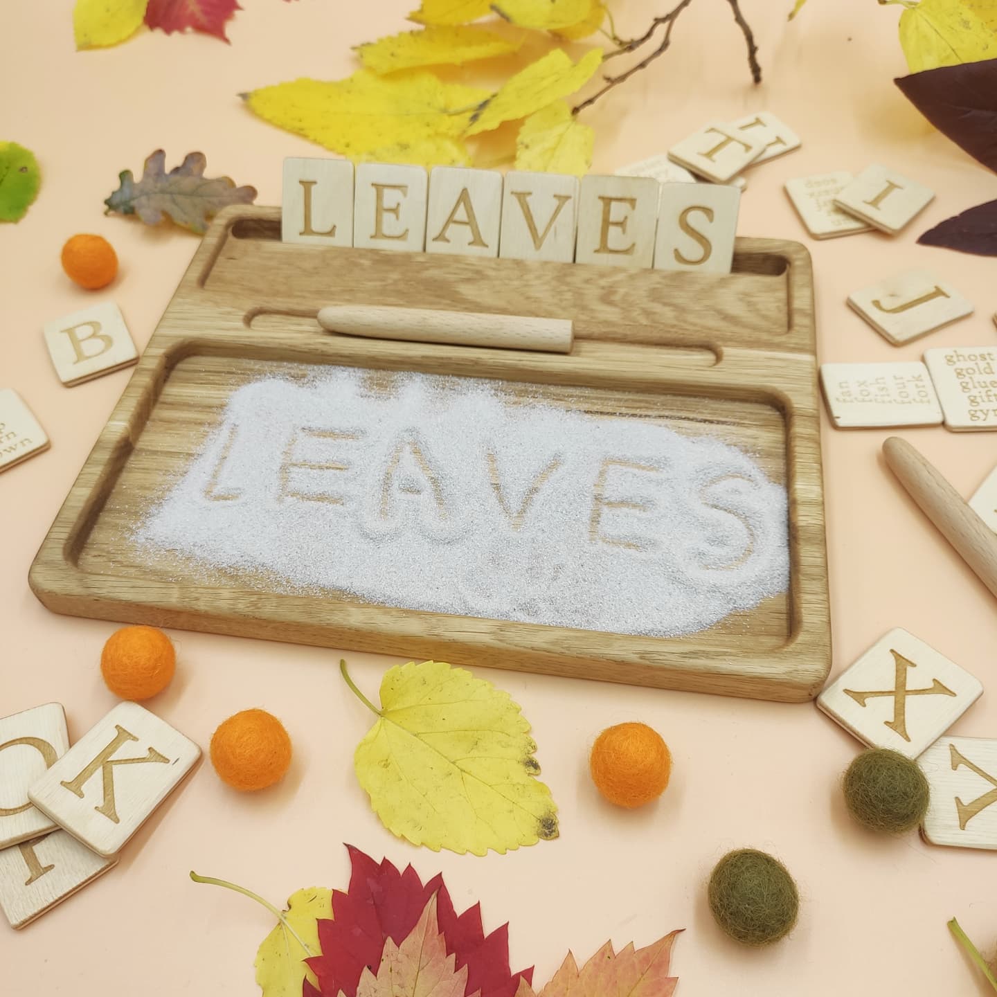 Sand tray with letters cards, educational materials for writing