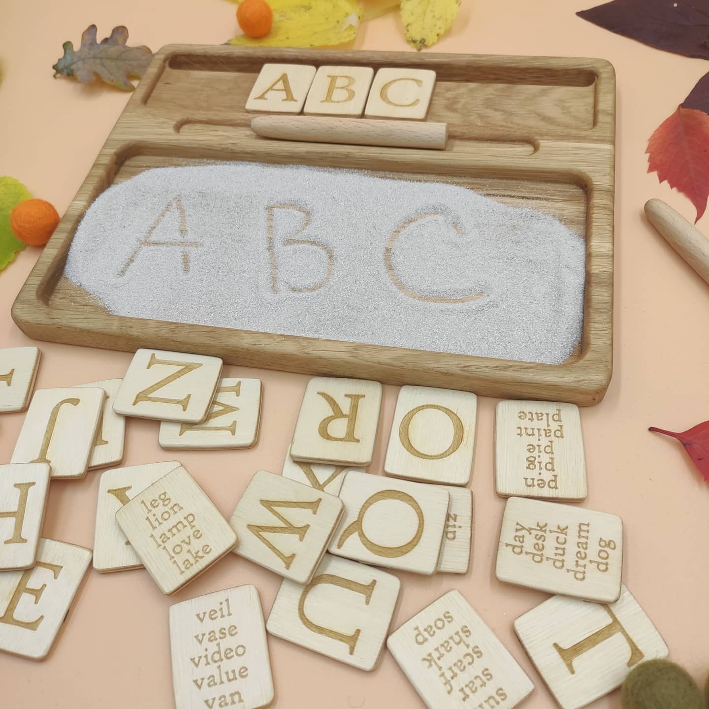Sand tray with letters cards, educational materials for writing