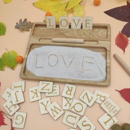 Sand tray with letters cards, educational materials for writing