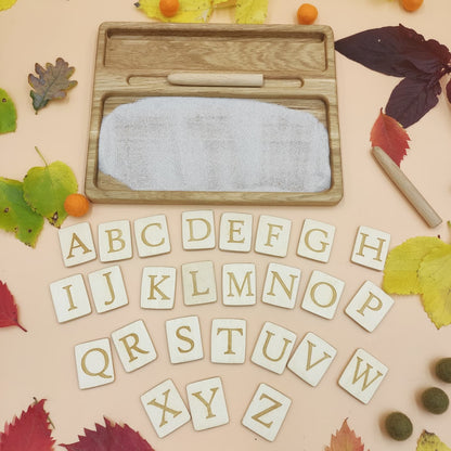 Sand tray with letters cards, educational materials for writing