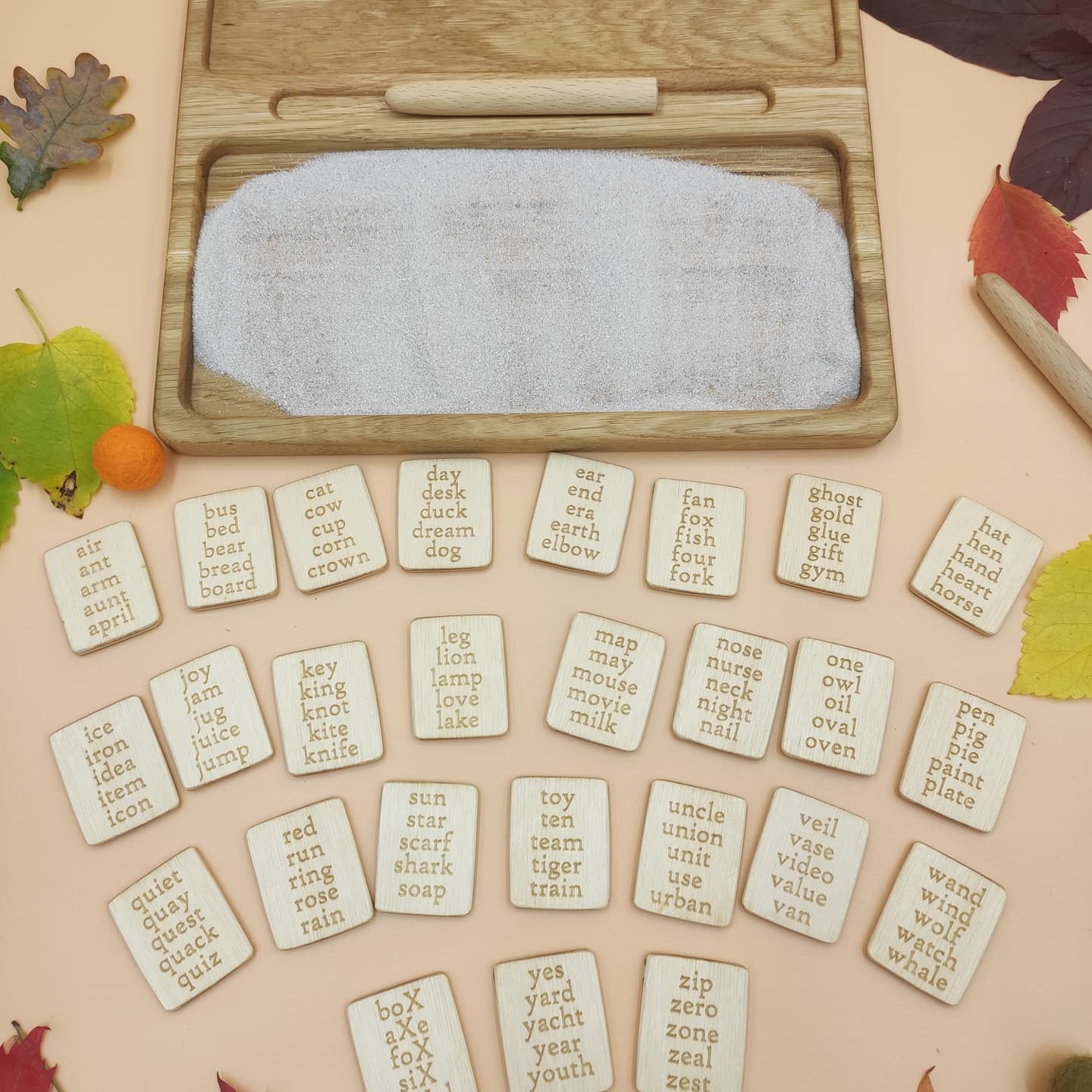 Sand tray with letters cards, educational materials for writing