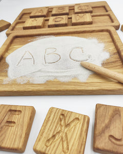 Montessori reversible A/a letters blocks or cards with sand tray