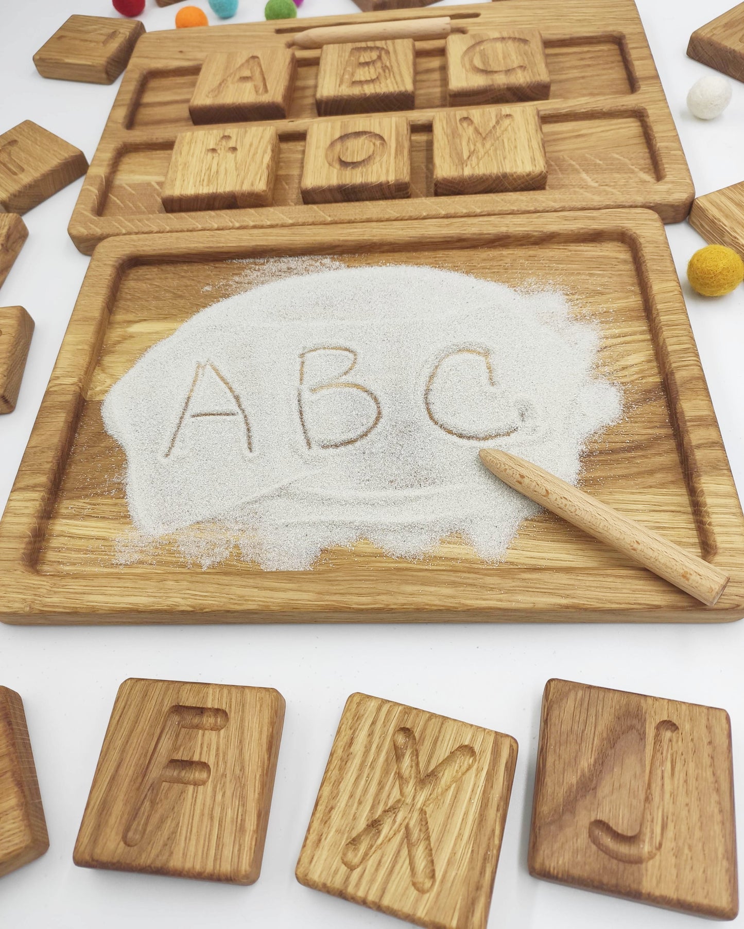 Montessori reversible A/a letters blocks or cards with sand tray