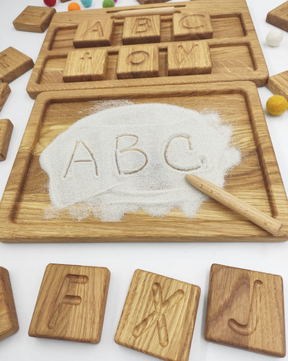 Montessori reversible A/a letters blocks or cards with sand tray