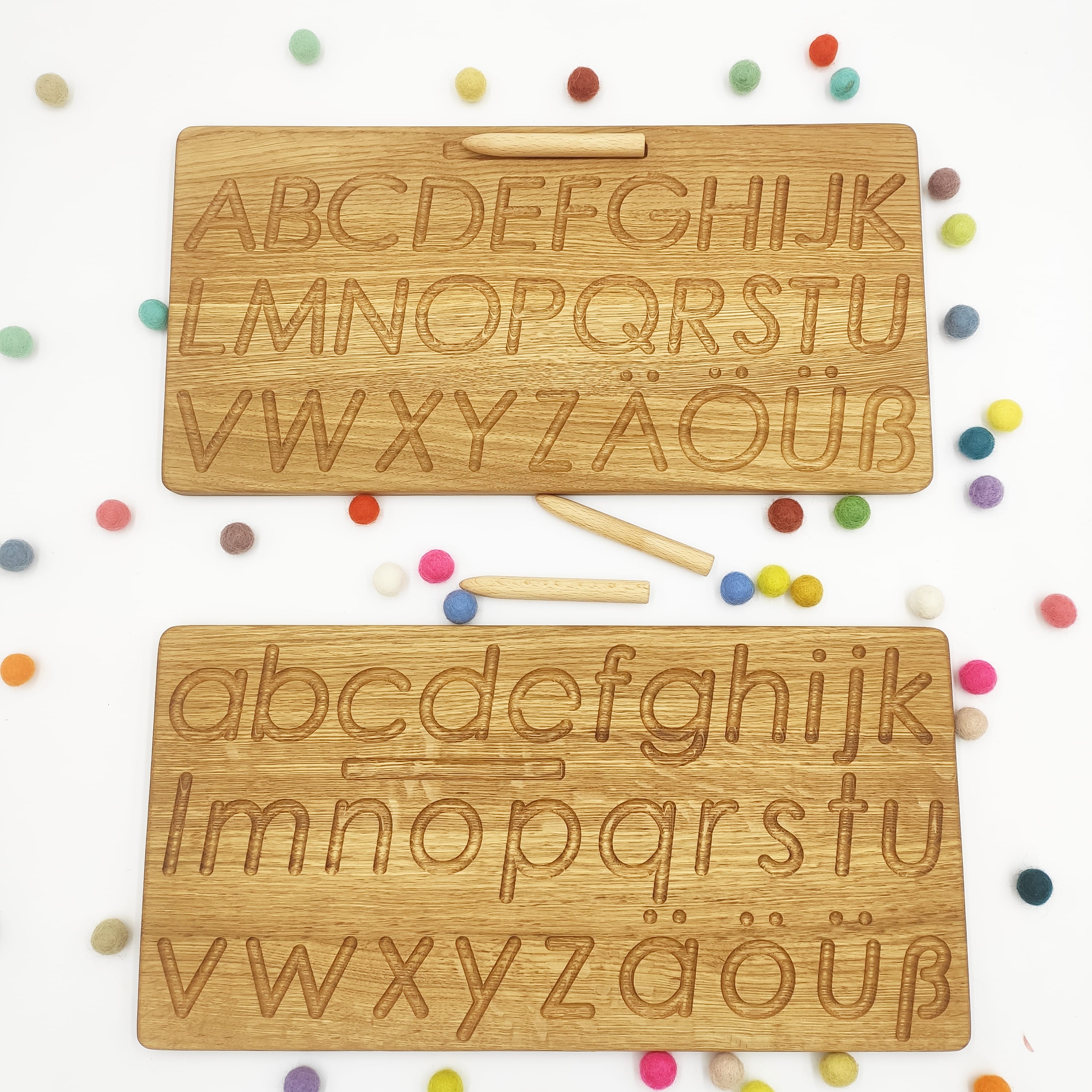 German alphabet reversible tracing board with printed uppercase and lowercase letters