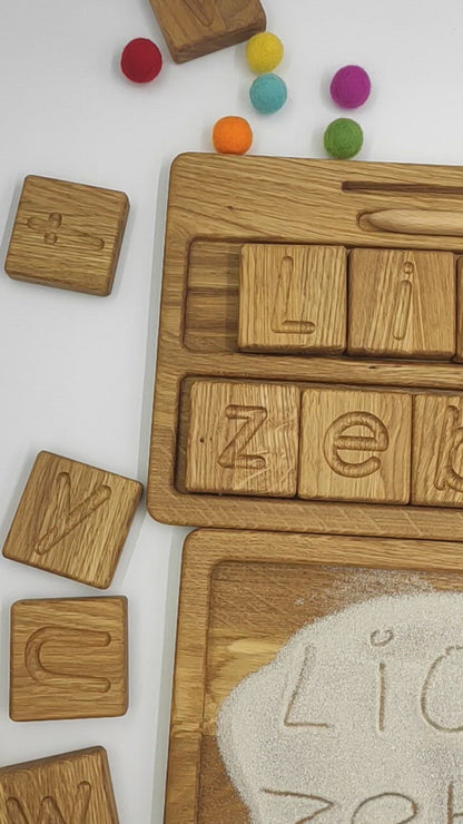 Montessori reversible A/a letters blocks or cards with sand tray