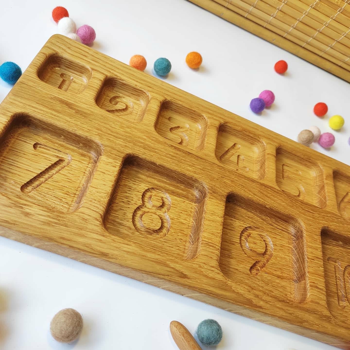 Montessori sorting tray with SQUARE sections, with numbers 1-10