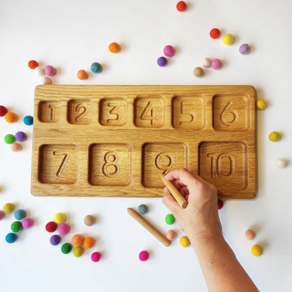 Montessori sorting tray with square sections, with numbers 1-10